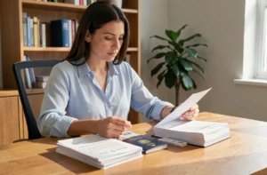 Femme consultant des documents officiels pour une demande de visa à son bureau à domicile