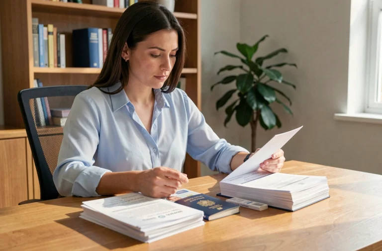 Femme consultant des documents officiels pour une demande de visa à son bureau à domicile
