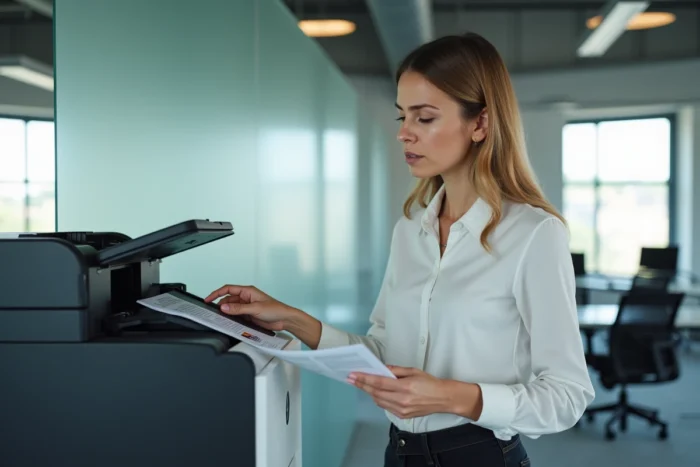 Femme devant une imprimante laser de bureau tentant de résoudre un problème d'impression