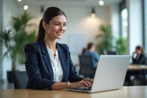 Femme professionnelle connectée à la plateforme Liloo BSK sur son ordinateur portable dans un bureau moderne