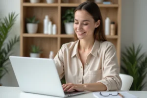 Femme consultant un annuaire beauté en ligne sur son ordinateur portable dans un bureau moderne et épuré
