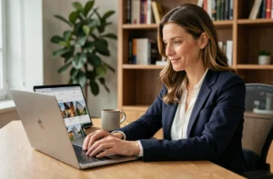 Femme consultant des offres immobilières sur Internet depuis son bureau à domicile