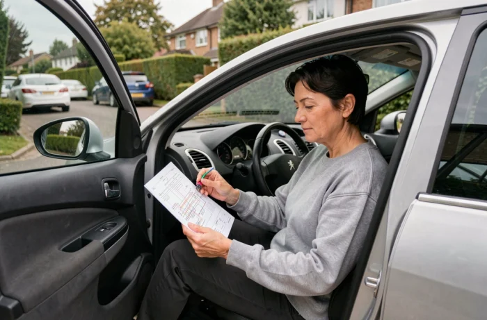 Femme consultant un schéma de câblage autoradio dans une Peugeot 207 garée dans une allée résidentielle
