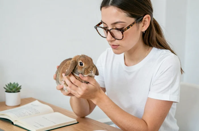 Jeune femme à lunettes examinant avec soin un lapin nain dans un bureau minimaliste à domicile
