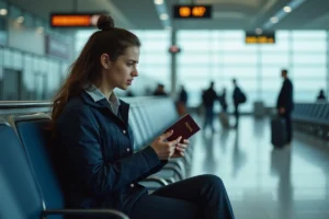 Jeune femme stressée tenant son passeport dans un aéroport international après avoir manqué son vol suite à l'expiration de son visa