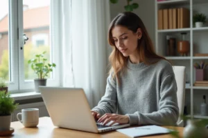 Femme travaillant depuis chez elle à un bureau en bois organisé avec ordinateur portable et plante verte