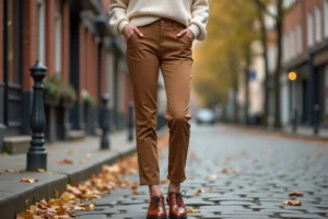 Femme en pantalon camel et chaussures oxford marron cognac dans une rue pavée parisienne en automne