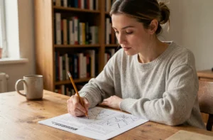Femme concentrée réalisant un test de QI sur papier à son bureau à domicile