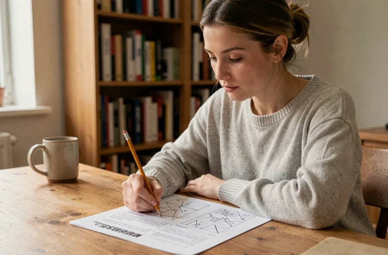 Femme concentrée réalisant un test de QI sur papier à son bureau à domicile