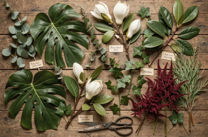 Vue de dessus d'une sélection de feuillages décoratifs variés incluant monstera, eucalyptus et magnolia disposés sur une table en bois pour guider le choix des compositions florales