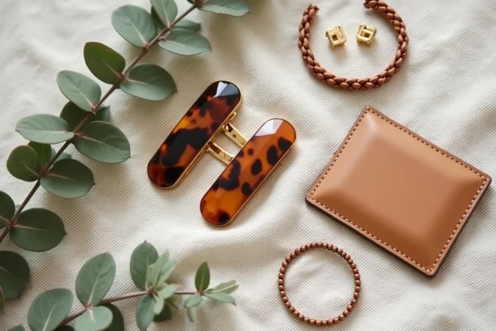 Flat lay d'accessoires tendance élégants sur tissu lin naturel incluant bijoux dorés et porte-cartes en cuir