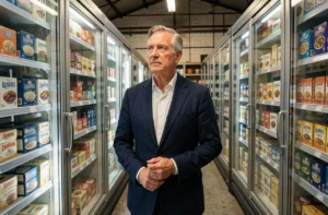Portrait du fondateur de Picard devant des étagères d'archives de produits surgelés dans un entrepôt industriel reconverti
