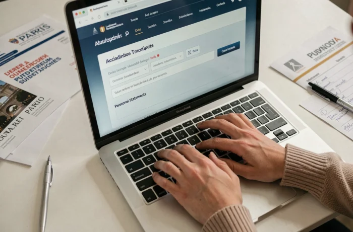 Gros plan sur un écran d'ordinateur affichant un formulaire de candidature en ligne pour une université parisienne