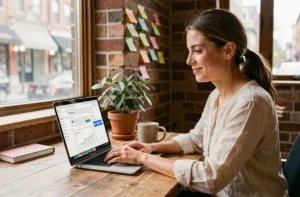 Freelance femme travaillant sur une plateforme de gestion de projets depuis son bureau à domicile