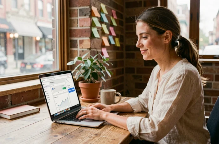 Freelance femme travaillant sur une plateforme de gestion de projets depuis son bureau à domicile