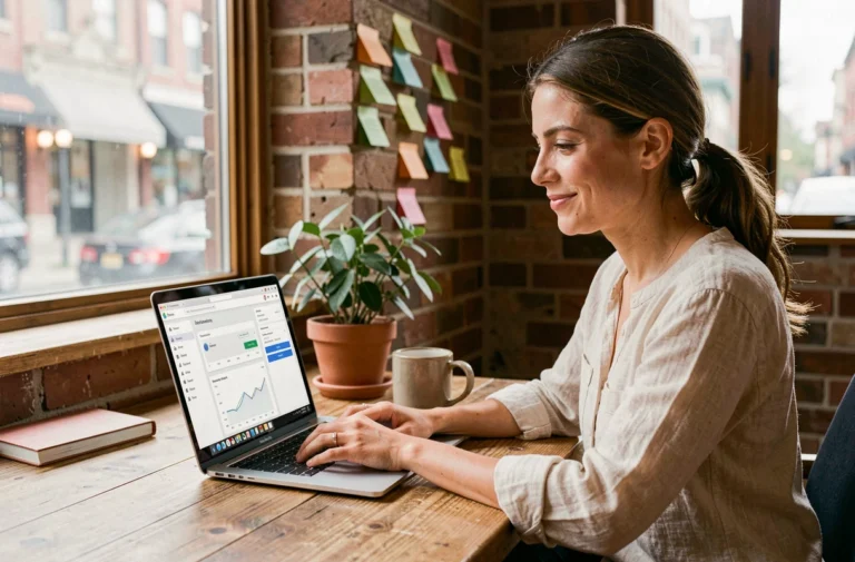 Freelance femme travaillant sur une plateforme de gestion de projets depuis son bureau à domicile