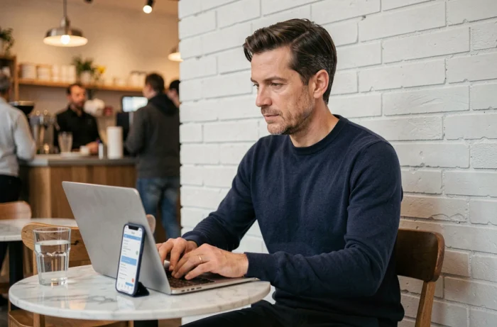 Freelance homme travaillant en autonomie dans un café avec une application de gestion de tâches sur ordinateur et smartphone