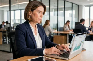 Femme d'affaires analysant des tableaux de bord financiers sur ordinateur portable dans un bureau moderne