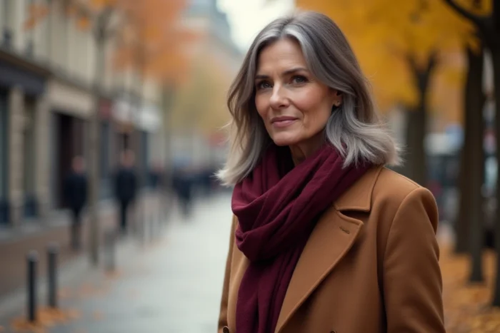 Femme brune mature avec transition gris naturel dans les cheveux, portant un manteau camel dans une rue parisienne en automne