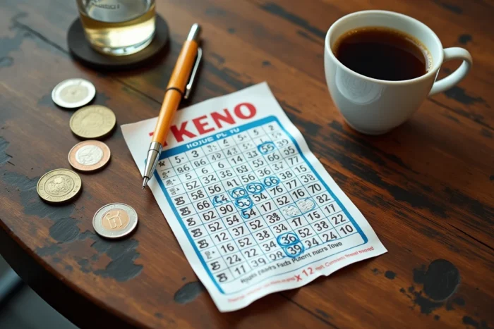 Grille de tirage Keno posée sur une table de café avec stylo et pièces en euros