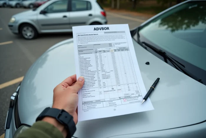 Gros plan d'une fiche conseil LPDD posée sur le capot d'une voiture dans un parking