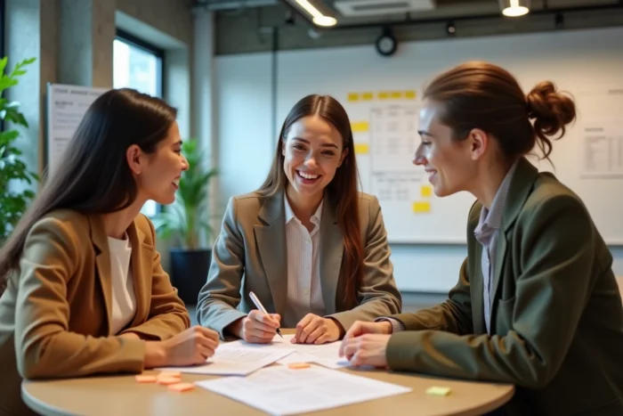 Groupe d'étudiants en co-working analysant ensemble leurs résultats BCE et définissant une stratégie de valorisation des notes