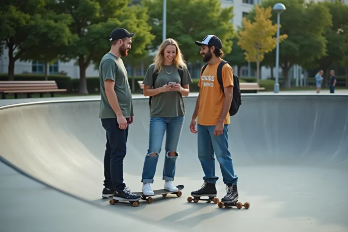 Groupe de passionnés de roller discutant autour d'un skatepark en béton dans un parc urbain
