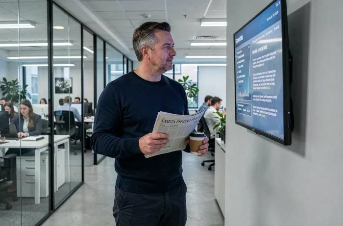 Homme d'affaires consultant les nouveautés et actualités dans un bureau moderne