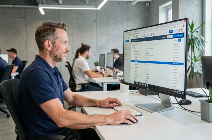 Homme d'affaires analysant le plan de navigation d'un site web sur un grand écran dans un bureau moderne