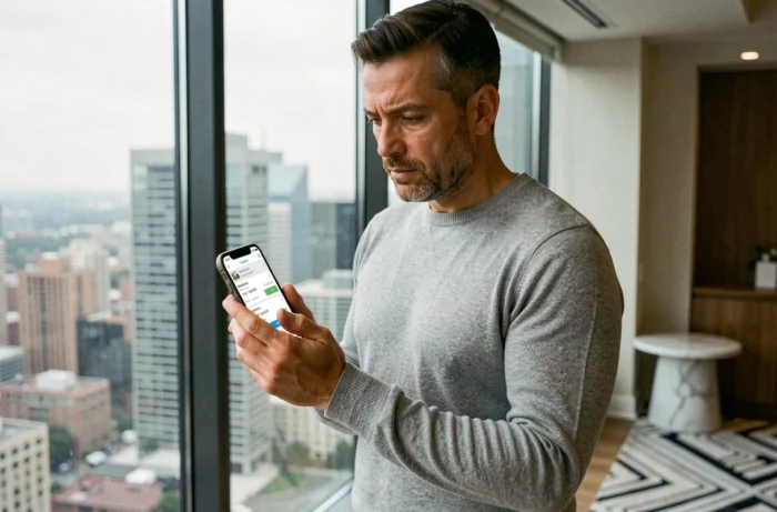 Homme consultant une application immobilière sur smartphone avec vue sur la ville