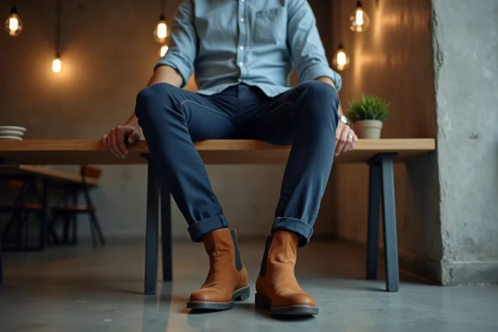 Homme en chino marine et boots Chelsea marron suède assis dans un café minimaliste