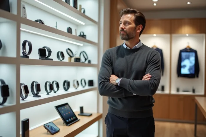 Homme découvrant une sélection de montres connectées et accessoires tech dans un comptoir spécialisé