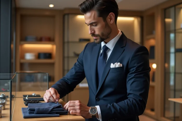 Homme élégant en costume bleu marine choisissant un pochette dans une boutique d'accessoires de luxe