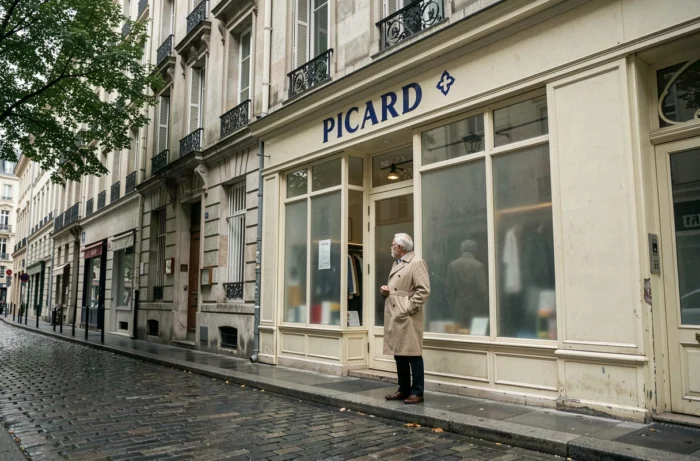 Homme devant une devanture historique d'une boutique Picard dans une rue pavée parisienne sous un ciel nuageux