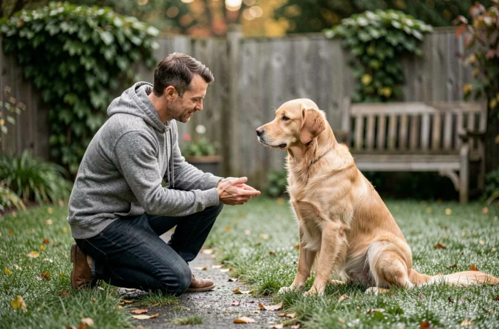 Homme en hoodie gris en interaction attentive avec son golden retriever dans un jardin de banlieue à l'automne