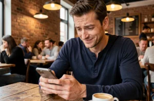 Homme dans un café qui envoie un message 'salut toi' sur son téléphone avec un sourire discret