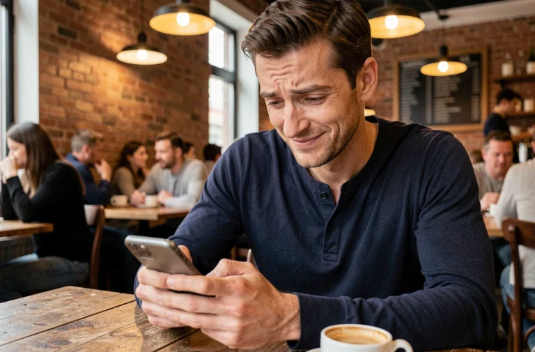 Homme dans un café qui envoie un message 'salut toi' sur son téléphone avec un sourire discret