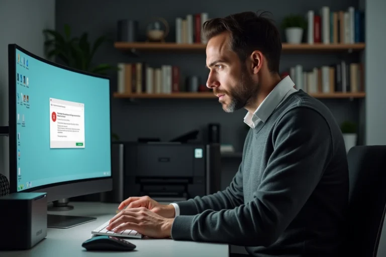 Homme frustré devant son ordinateur incapable d'imprimer avec Ctrl P, imprimante inactive à côté