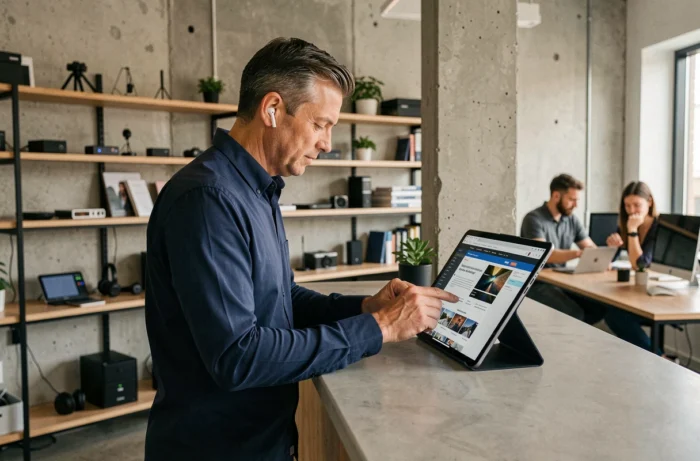 Homme lisant des informations high-tech sur une tablette dans un espace de coworking moderne