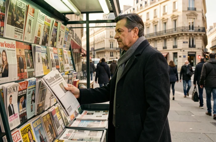 Homme achetant un journal à un kiosque parisien parmi les magazines et titres de presse du jour