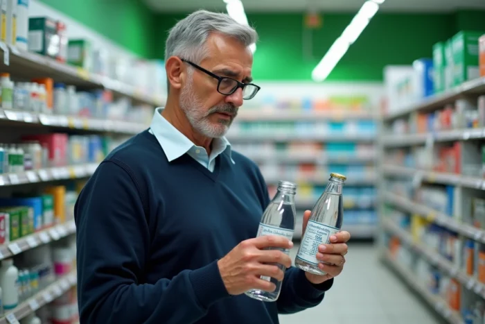 Homme d'âge mûr examinant une bouteille d'eau Saint Antonin en pharmacie, à la recherche d'une solution naturelle contre la constipation