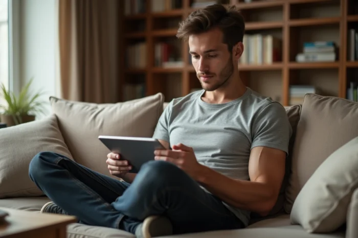 Homme utilisant une tablette pour se connecter à Liloo BSK depuis son salon confortable