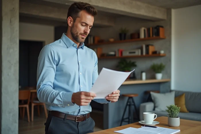 Homme en télétravail debout à son bureau dans un appartement moderne consultant des documents