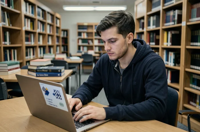 Jeune homme passant un test de QI en ligne sur ordinateur portable dans une bibliothèque universitaire