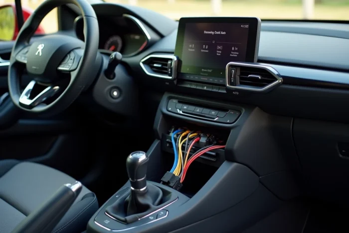 Installation d'un autoradio Android Auto dans le tableau de bord d'une Peugeot 308 avec faisceau adaptateur connecté