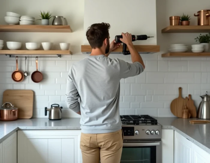 Homme installant une étagère murale en bois dans une cuisine équipée moderne