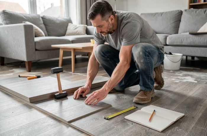 Homme installant un sol en vinyle autocollant dans un salon lors d'une rénovation intérieure DIY