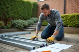 Homme assemblant les profilés d'une véranda en kit aluminium dans un jardin suburban, outils et notices posés sur la terrasse en bois