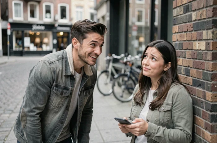 Homme et femme dans la rue lors d'une interaction ambiguë et flirteuse symbolisant le message 'salut toi'