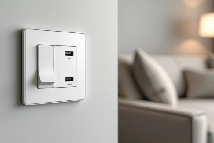 Interrupteur Legrand Céliane encastré dans un mur intérieur avec prise USB dans un salon résidentiel moderne